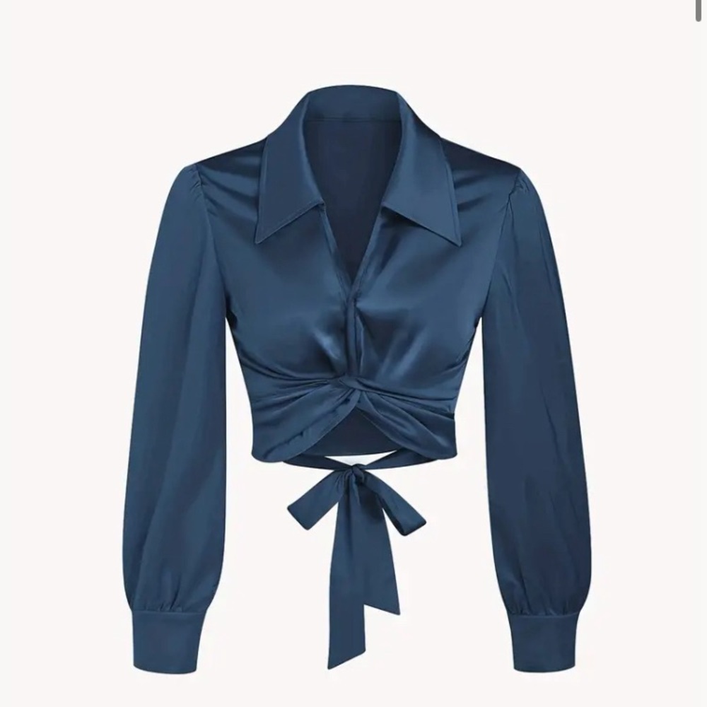 Temu sea blue V-neck lantern sleeve cross shirt